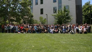 Participants in a line outside